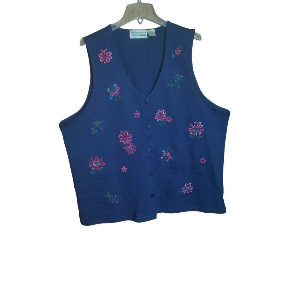 Vintage Navy Blue Flower Embroidered 90s Y2K Cottagecore Vest Women 2x